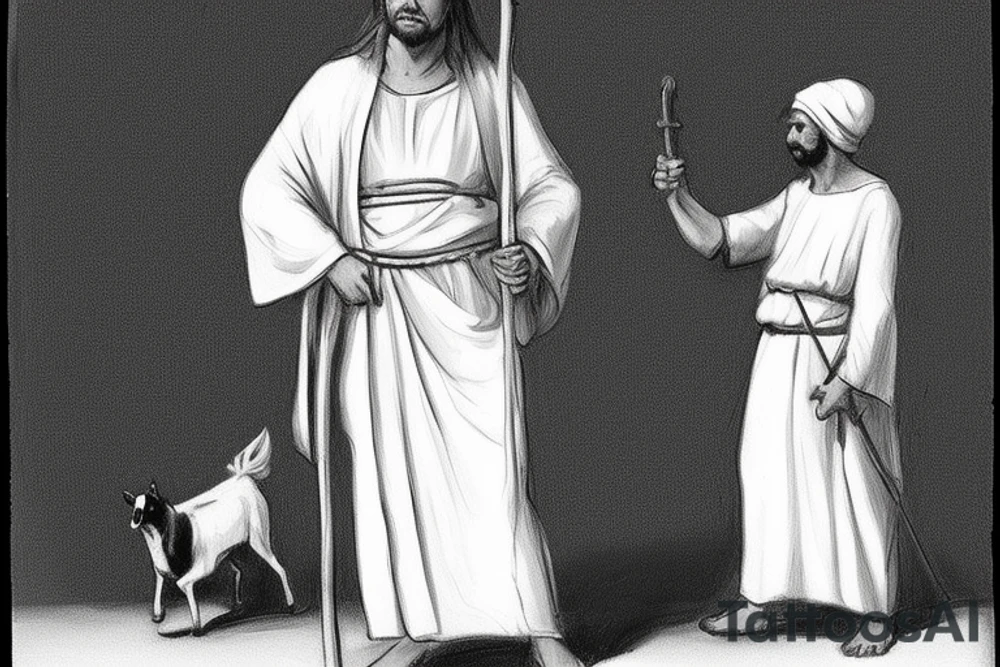 The man is dressed in simple clothes that are typical of the first century. He is wearing a long tunic, a white hat, and sandals. Hi wears a white tunica. He is holding a thick shepherd's staff in his left hand and is walking to the left. The background is blank.

The drawing is done in black lines on a blank background. The lines are simple and delicate, and they capture the man's thin, wiry frame. He seems to be lost in thought as he walks to the left.

The drawing has a sense of timelessness. The man's clothes are typical of the first century, but the drawing could have been made any time in the past 2,000 years. The blank background also contributes to the sense of timelessness. The man is walking facing the left. tattoo idea