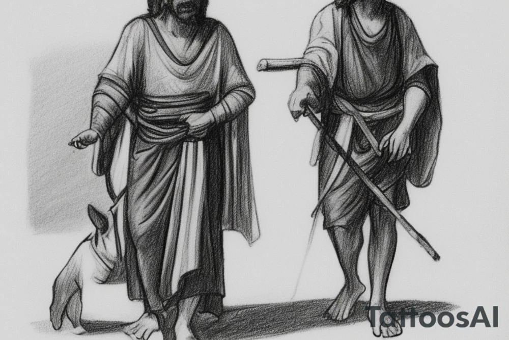 The man is dressed in simple clothes that are typical of the first century. He is wearing a long tunic, a white hat, and sandals. Hi wears a white tunica. He is holding a thick shepherd's staff in his left hand and is walking to the left. The background is blank.

The drawing is done in black lines on a blank background. The lines are simple and delicate, and they capture the man's thin, wiry frame. He seems to be lost in thought as he walks to the left.

The drawing has a sense of timelessness. The man's clothes are typical of the first century, but the drawing could have been made any time in the past 2,000 years. The blank background also contributes to the sense of timelessness. The man is walking facing the left. tattoo idea