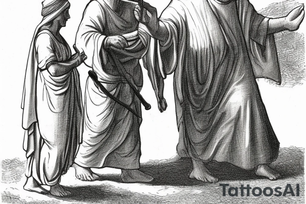 The man is dressed in simple clothes that are typical of the first century. He is wearing a long tunic, a white hat, and sandals. Hi wears a white tunica. He is holding a thick shepherd's staff in his left hand and is walking to the left. The background is blank.

The drawing is done in black lines on a blank background. The lines are simple and delicate, and they capture the man's thin, wiry frame. He seems to be lost in thought as he walks to the left.

The drawing has a sense of timelessness. The man's clothes are typical of the first century, but the drawing could have been made any time in the past 2,000 years. The blank background also contributes to the sense of timelessness. The man is walking facing the left. tattoo idea