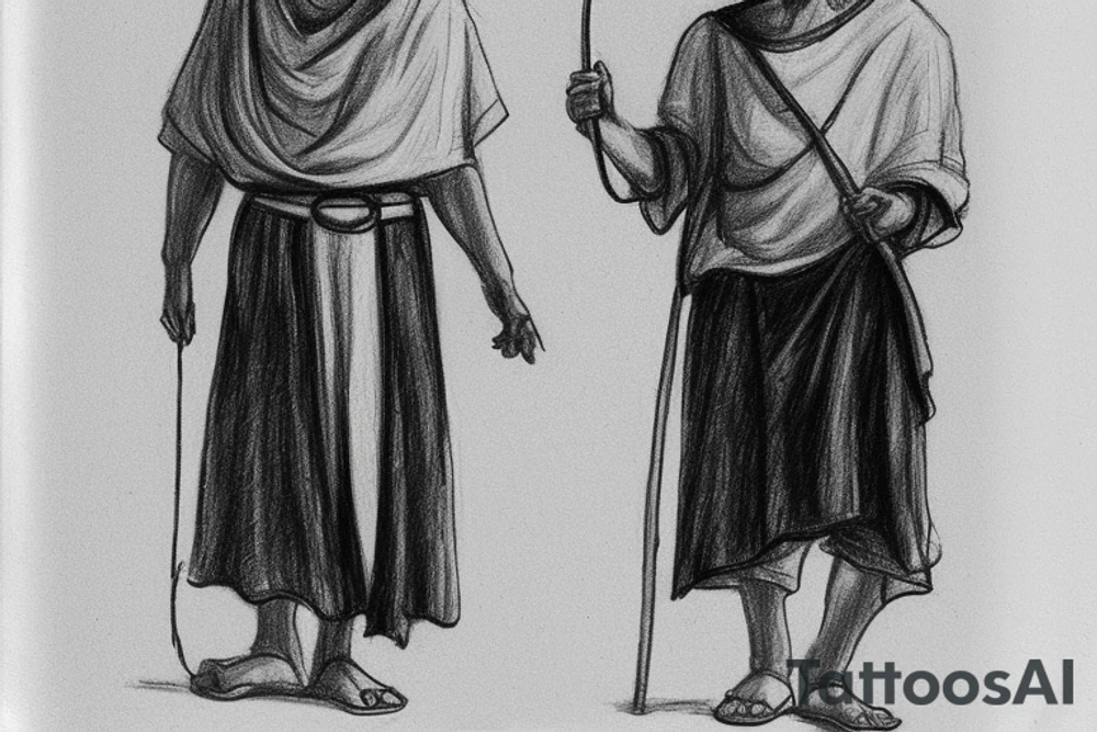 The man is dressed in simple clothes that are typical of the first century. He is wearing a long tunic, a white hat, and sandals. Hi wears a white tunica. He is holding a thick shepherd's staff in his left hand and is walking to the left. The background is blank.

The drawing is done in black lines on a blank background. The lines are simple and delicate, and they capture the man's thin, wiry frame. He seems to be lost in thought as he walks to the left.

The drawing has a sense of timelessness. The man's clothes are typical of the first century, but the drawing could have been made any time in the past 2,000 years. The blank background also contributes to the sense of timelessness. The man is walking facing the left. tattoo idea