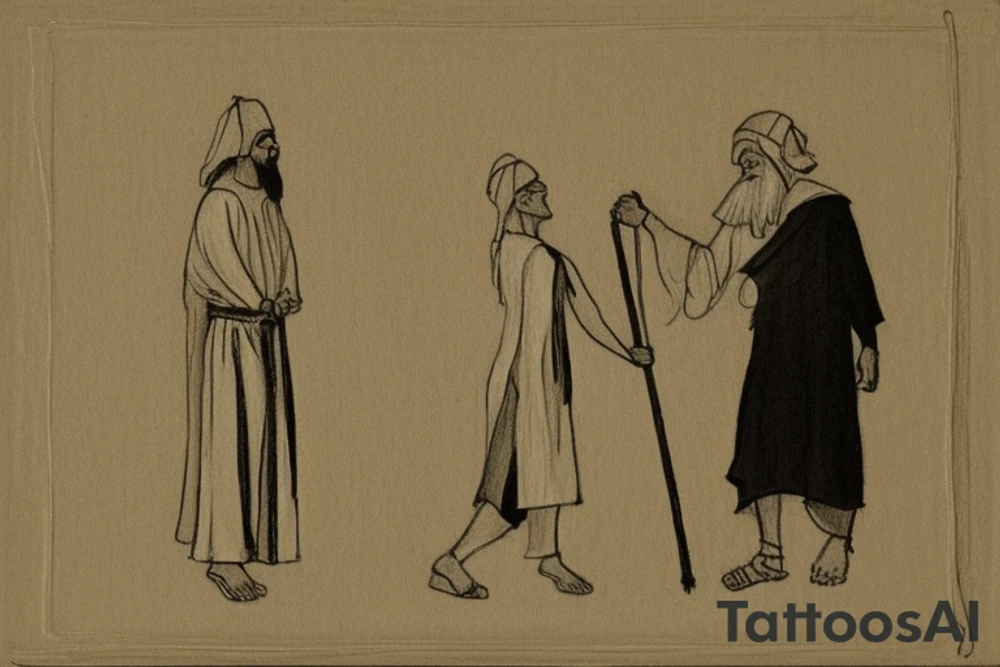 The man is dressed in simple clothes that are typical of the first century. He is wearing a long tunic, a white hat, and sandals. Hi wears a white tunica. He is holding a thick shepherd's staff in his left hand and is walking to the left. The background is blank.

The drawing is done in black lines on a blank background. The lines are simple and delicate, and they capture the man's thin, wiry frame. He seems to be lost in thought as he walks to the left.

The drawing has a sense of timelessness. The man's clothes are typical of the first century, but the drawing could have been made any time in the past 2,000 years. The blank background also contributes to the sense of timelessness. The man is walking facing the left. tattoo idea