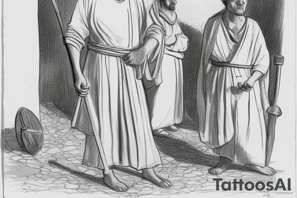 The man is dressed in simple clothes that are typical of the first century. He is wearing a long tunic, a white hat, and sandals. Hi wears a white tunica. He is holding a thick shepherd's staff in his left hand and is walking to the left. The background is blank.

The drawing is done in black lines on a blank background. The lines are simple and delicate, and they capture the man's thin, wiry frame. He seems to be lost in thought as he walks to the left.

The drawing has a sense of timelessness. The man's clothes are typical of the first century, but the drawing could have been made any time in the past 2,000 years. The blank background also contributes to the sense of timelessness. The man is walking facing the left. tattoo idea