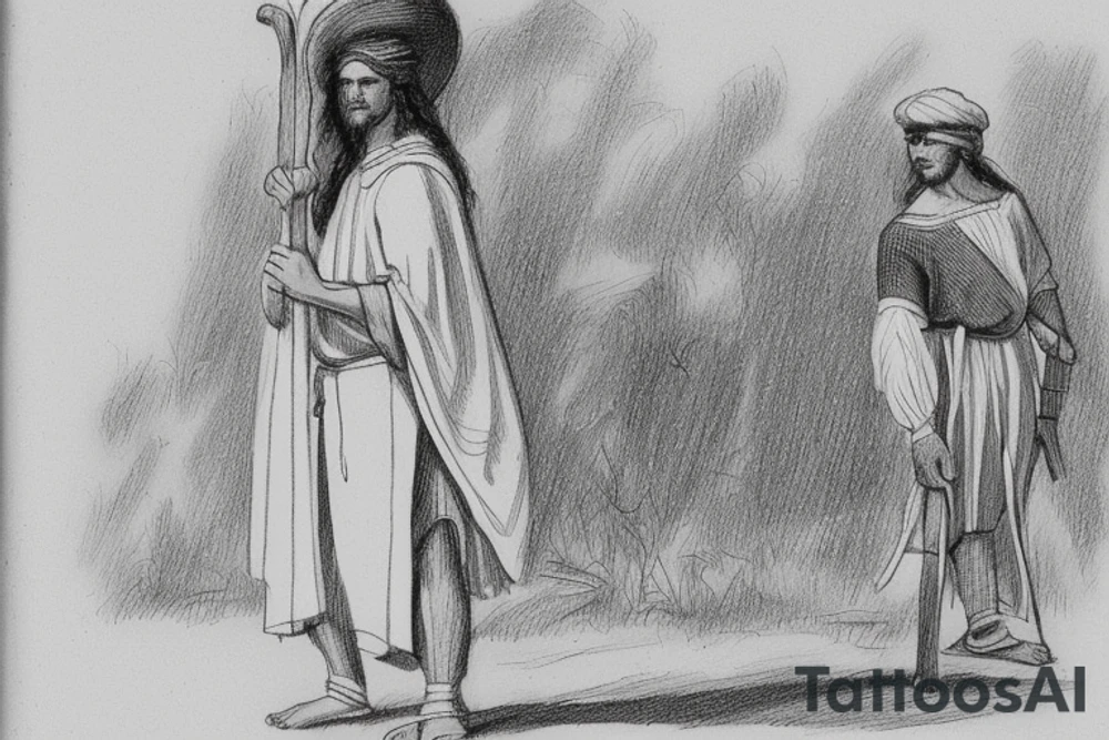 The man is dressed in simple clothes that are typical of the first century. He is wearing a long tunic, a white hat, and sandals. Hi wears a white tunica. He is holding a thick shepherd's staff in his left hand and is walking to the left. The background is blank.

The drawing is done in black lines on a blank background. The lines are simple and delicate, and they capture the man's thin, wiry frame. He seems to be lost in thought as he walks to the left.

The drawing has a sense of timelessness. The man's clothes are typical of the first century, but the drawing could have been made any time in the past 2,000 years. The blank background also contributes to the sense of timelessness. The man is walking facing the left. tattoo idea