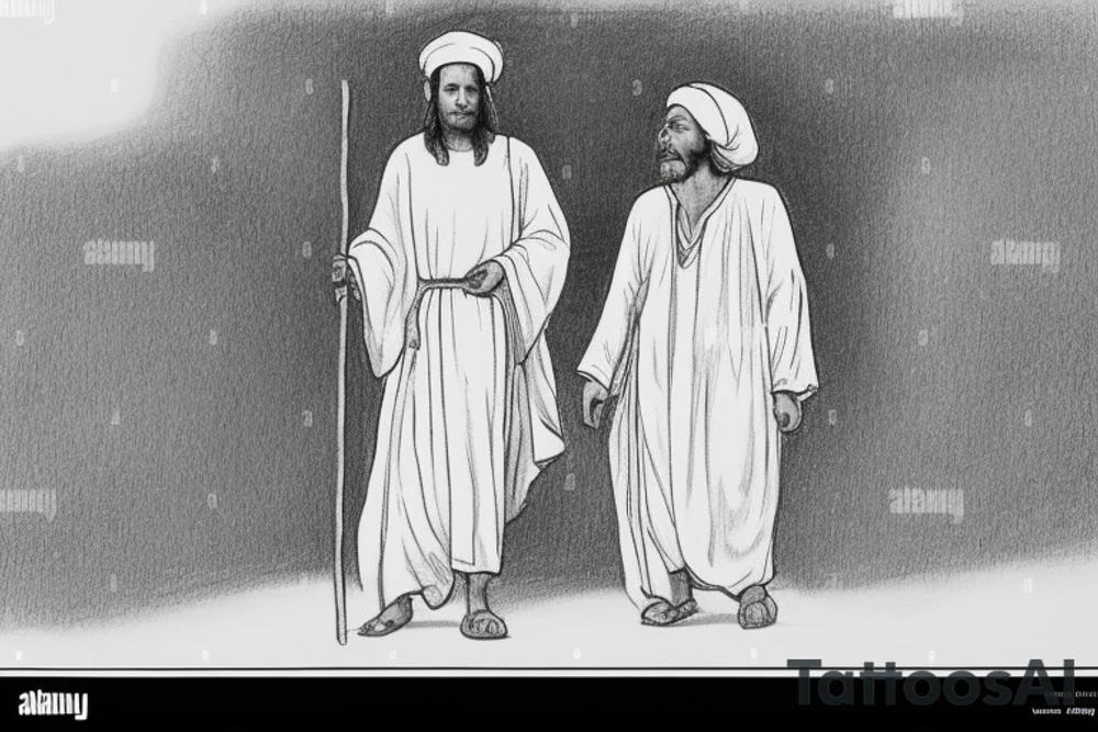The man is dressed in simple clothes that are typical of the first century. He is wearing a long tunic, a white hat, and sandals. Hi wears a white tunica. He is holding a thick shepherd's staff in his left hand and is walking to the left. The background is blank.

The drawing is done in black lines on a blank background. The lines are simple and delicate, and they capture the man's thin, wiry frame. He seems to be lost in thought as he walks to the left.

The drawing has a sense of timelessness. The man's clothes are typical of the first century, but the drawing could have been made any time in the past 2,000 years. The blank background also contributes to the sense of timelessness. The man is walking facing the left. tattoo idea