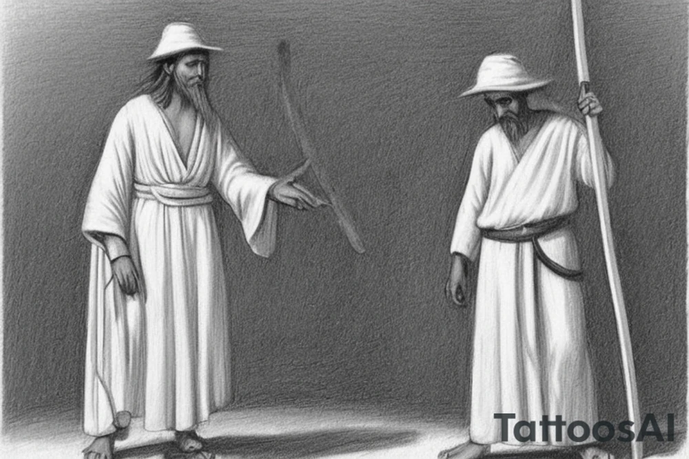The man is dressed in simple clothes that are typical of the first century. He is wearing a long tunic, a white hat, and sandals. Hi wears a white tunica. He is holding a thick shepherd's staff in his left hand and is walking to the left. The background is blank.

The drawing is done in black lines on a blank background. The lines are simple and delicate, and they capture the man's thin, wiry frame. He seems to be lost in thought as he walks to the left.

The drawing has a sense of timelessness. The man's clothes are typical of the first century, but the drawing could have been made any time in the past 2,000 years. The blank background also contributes to the sense of timelessness. The man is walking facing the left. tattoo idea