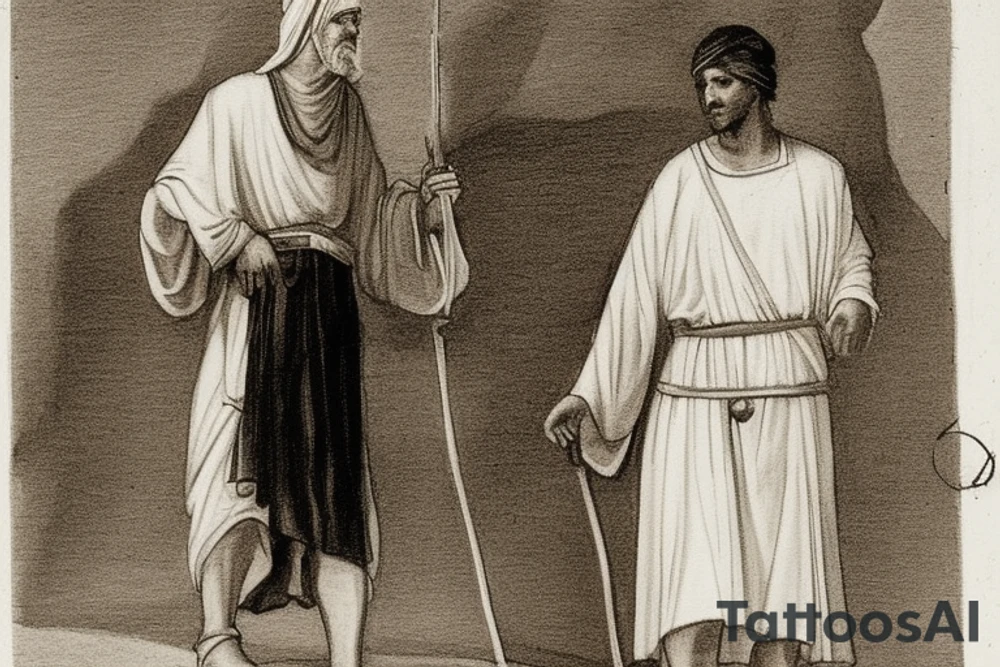 The man is dressed in simple clothes that are typical of the first century. He is wearing a long tunic, a white hat, and sandals. Hi wears a white tunica. He is holding a thick shepherd's staff in his left hand and is walking to the left. The background is blank.

The drawing is done in black lines on a blank background. The lines are simple and delicate, and they capture the man's thin, wiry frame. He seems to be lost in thought as he walks to the left.

The drawing has a sense of timelessness. The man's clothes are typical of the first century, but the drawing could have been made any time in the past 2,000 years. The blank background also contributes to the sense of timelessness. The man is walking facing the left. tattoo idea