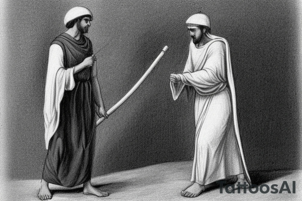 The man is dressed in simple clothes that are typical of the first century. He is wearing a long tunic, a white hat, and sandals. Hi wears a white tunica. He is holding a thick shepherd's staff in his left hand and is walking to the left. The background is blank.

The drawing is done in black lines on a blank background. The lines are simple and delicate, and they capture the man's thin, wiry frame. He seems to be lost in thought as he walks to the left.

The drawing has a sense of timelessness. The man's clothes are typical of the first century, but the drawing could have been made any time in the past 2,000 years. The blank background also contributes to the sense of timelessness. The man is walking facing the left. tattoo idea