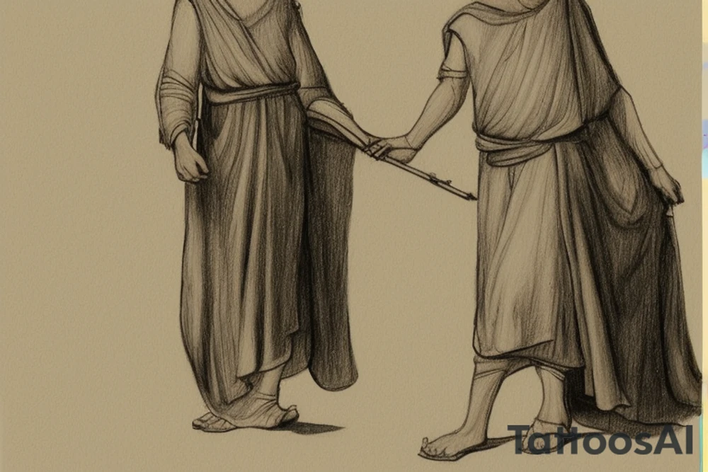 The man is dressed in simple clothes that are typical of the first century. He is wearing a long tunic, a white hat, and sandals. Hi wears a white tunica. He is holding a thick shepherd's staff in his left hand and is walking to the left. The background is blank.

The drawing is done in black lines on a blank background. The lines are simple and delicate, and they capture the man's thin, wiry frame. He seems to be lost in thought as he walks to the left.

The drawing has a sense of timelessness. The man's clothes are typical of the first century, but the drawing could have been made any time in the past 2,000 years. The blank background also contributes to the sense of timelessness. The man is walking facing the left. tattoo idea