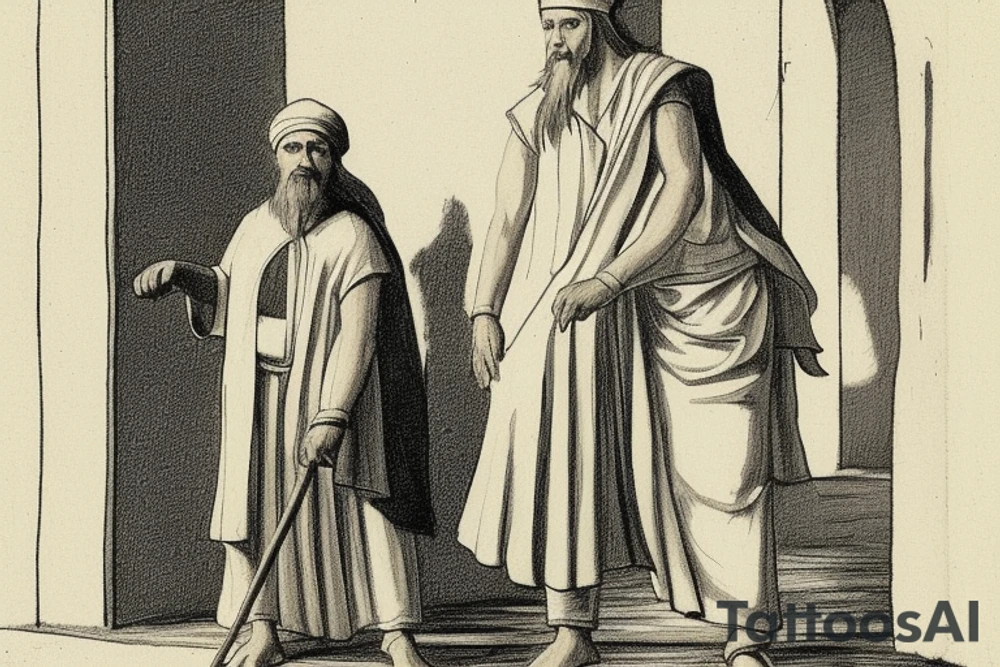 The man is dressed in simple clothes that are typical of the first century. He is wearing a long tunic, a white hat, and sandals. Hi wears a white tunica. He is holding a thick shepherd's staff in his left hand and is walking to the left. The background is blank.

The drawing is done in black lines on a blank background. The lines are simple and delicate, and they capture the man's thin, wiry frame. He seems to be lost in thought as he walks to the left.

The drawing has a sense of timelessness. The man's clothes are typical of the first century, but the drawing could have been made any time in the past 2,000 years. The blank background also contributes to the sense of timelessness. The man is walking facing the left. tattoo idea
