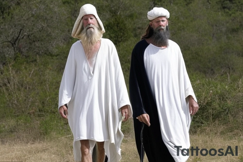 Main idea: A tall, thin man walking towards his left.
The man: The man is dressed in simple clothes like a shepherd from the first century. He is wearing a long tunic, a white hat, and sandals. His hair is long and flowing, and his beard is short and scraggly. The man will be carrying a staff or a shepherd's crook.
Background: The background is plain, with no fillings. The man is outlined in black, and his clothes are shaded in grayscale.
This tattoo could be interpreted in many ways. It could represent the journey of life, or the search for enlightenment. It could also be seen as a symbol of simplicity and freedom. The lack of background allows the viewer to focus on the man, and his journey. tattoo idea