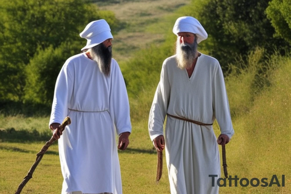 Main idea: A tall, thin man walking towards his left.
The man: The man is dressed in simple clothes like a shepherd from the first century. He is wearing a long tunic, a white hat, and sandals. His hair is long and flowing, and his beard is short and scraggly. The man will be carrying a staff or a shepherd's crook.
Background: The background is plain, with no fillings. The man is outlined in black, and his clothes are shaded in grayscale.
This tattoo could be interpreted in many ways. It could represent the journey of life, or the search for enlightenment. It could also be seen as a symbol of simplicity and freedom. The lack of background allows the viewer to focus on the man, and his journey. tattoo idea