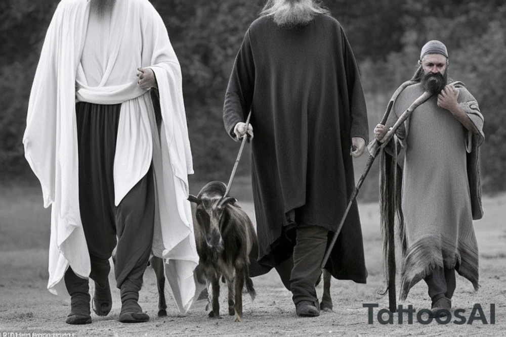 Main idea: A tall, thin man walking towards his left.
The man: The man is dressed in simple clothes like a shepherd from the first century. He is wearing a long tunic, a white hat, and sandals. His hair is long and flowing, and his beard is short and scraggly. The man will be carrying a staff or a shepherd's crook.
Background: The background is plain, with no fillings. The man is outlined in black, and his clothes are shaded in grayscale.
This tattoo could be interpreted in many ways. It could represent the journey of life, or the search for enlightenment. It could also be seen as a symbol of simplicity and freedom. The lack of background allows the viewer to focus on the man, and his journey. tattoo idea
