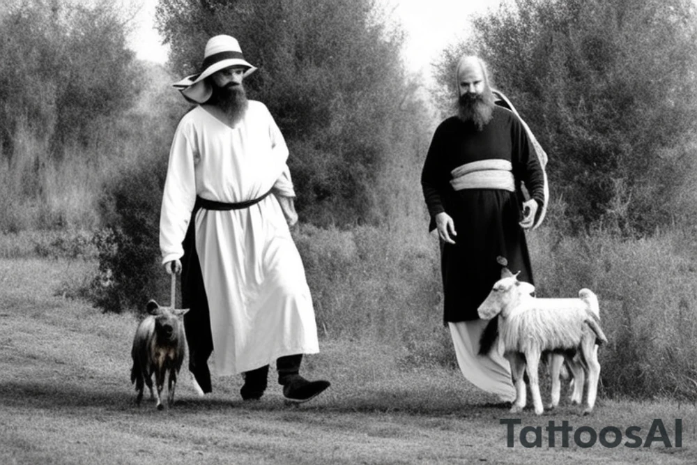 Main idea: A tall, thin man walking towards his left.
The man: The man is dressed in simple clothes like a shepherd from the first century. He is wearing a long tunic, a white hat, and sandals. His hair is long and flowing, and his beard is short and scraggly. The man will be carrying a staff or a shepherd's crook.
Background: The background is plain, with no fillings. The man is outlined in black, and his clothes are shaded in grayscale.
This tattoo could be interpreted in many ways. It could represent the journey of life, or the search for enlightenment. It could also be seen as a symbol of simplicity and freedom. The lack of background allows the viewer to focus on the man, and his journey. tattoo idea