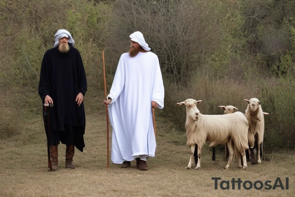 Main idea: A tall, thin man walking towards his left.
The man: The man is dressed in simple clothes like a shepherd from the first century. He is wearing a long tunic, a white hat, and sandals. His hair is long and flowing, and his beard is short and scraggly. The man will be carrying a staff or a shepherd's crook.
Background: The background is plain, with no fillings. The man is outlined in black, and his clothes are shaded in grayscale.
This tattoo could be interpreted in many ways. It could represent the journey of life, or the search for enlightenment. It could also be seen as a symbol of simplicity and freedom. The lack of background allows the viewer to focus on the man, and his journey. tattoo idea