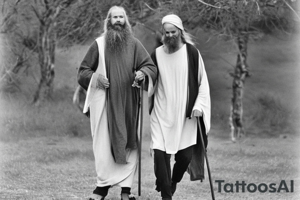 Main idea: A tall, thin man walking towards his left.
The man: The man is dressed in simple clothes like a shepherd from the first century. He is wearing a long tunic, a white hat, and sandals. His hair is long and flowing, and his beard is short and scraggly. The man will be carrying a staff or a shepherd's crook.
Background: The background is plain, with no fillings. The man is outlined in black, and his clothes are shaded in grayscale.
This tattoo could be interpreted in many ways. It could represent the journey of life, or the search for enlightenment. It could also be seen as a symbol of simplicity and freedom. The lack of background allows the viewer to focus on the man, and his journey. tattoo idea