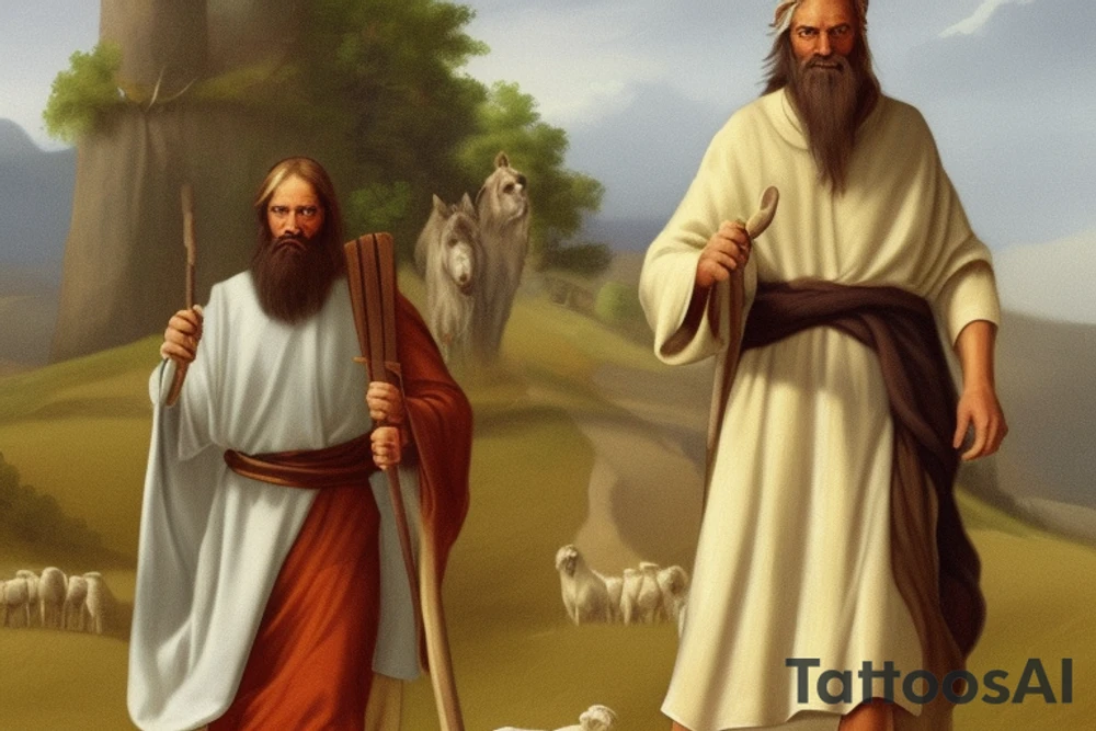 Main idea: A tall, thin man walking towards his left.
The man: The man is dressed in simple clothes like a shepherd from the first century. He is wearing a long tunic, a white hat, and sandals. His hair is long and flowing, and his beard is short and scraggly. The man will be carrying a staff or a shepherd's crook.
Background: The background is plain, with no fillings. The man is outlined in black, and his clothes are shaded in grayscale.
This tattoo could be interpreted in many ways. It could represent the journey of life, or the search for enlightenment. It could also be seen as a symbol of simplicity and freedom. The lack of background allows the viewer to focus on the man, and his journey. tattoo idea