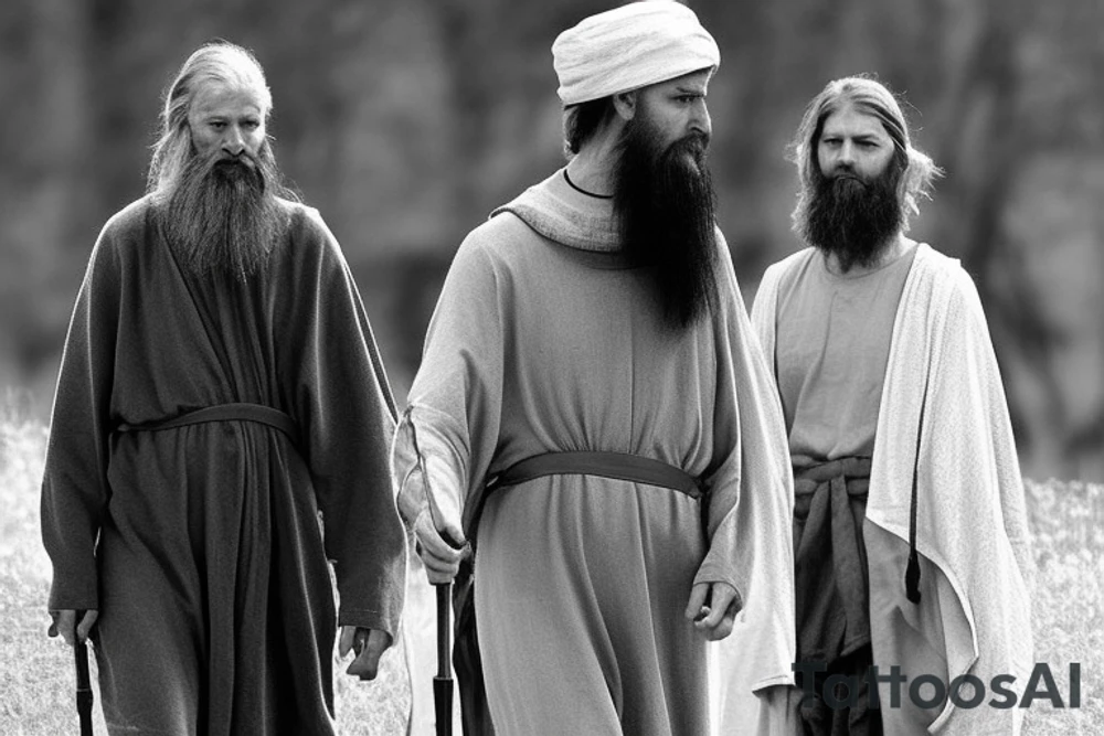 Main idea: A tall, thin man walking towards his left.
The man: The man is dressed in simple clothes like a shepherd from the first century. He is wearing a long tunic, a white hat, and sandals. His hair is long and flowing, and his beard is short and scraggly. The man will be carrying a staff or a shepherd's crook.
Background: The background is plain, with no fillings. The man is outlined in black, and his clothes are shaded in grayscale.
This tattoo could be interpreted in many ways. It could represent the journey of life, or the search for enlightenment. It could also be seen as a symbol of simplicity and freedom. The lack of background allows the viewer to focus on the man, and his journey. tattoo idea