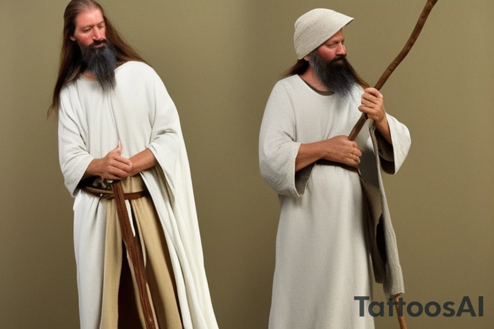 Main idea: A tall, thin man walking towards his left.

The man: The man is dressed in simple clothes like a shepherd from the first century. He is wearing a long tunic, a white hat, and sandals. His hair is long and flowing, and his beard is short and scraggly. The man will be carrying a staff or a shepherd's crook.

Background: The background is plain, with no fillings. The man is outlined in black, and his clothes are shaded in grayscale.

The lack of background allows the viewer to focus on the man, and his journey. tattoo idea