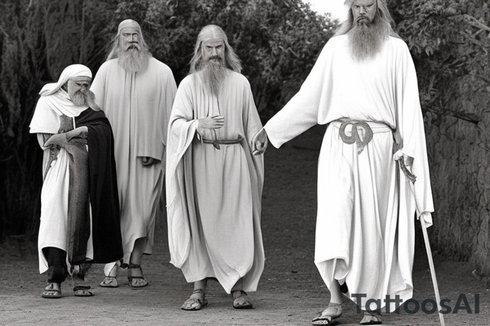 Main idea: A tall, thin man walking towards his left.

The man: The man is dressed in simple clothes like a shepherd from the first century. He is wearing a long tunic, a white hat, and sandals. His hair is long and flowing, and his beard is short and scraggly. The man will be carrying a staff or a shepherd's crook.

Background: The background is plain, with no fillings. The man is outlined in black, and his clothes are shaded in grayscale.

The lack of background allows the viewer to focus on the man, and his journey. tattoo idea