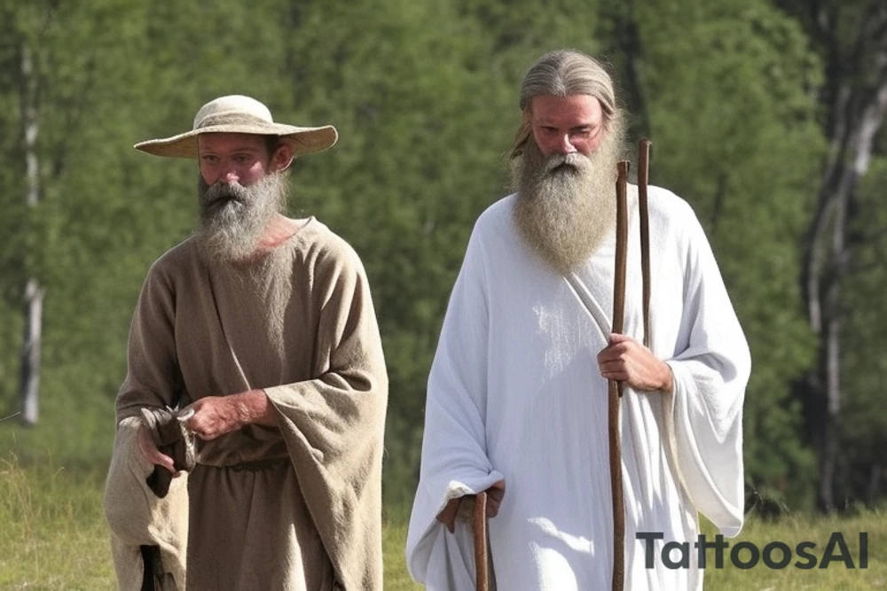 Main idea: A tall, thin man walking towards his left.

The man: The man is dressed in simple clothes like a shepherd from the first century. He is wearing a long tunic, a white hat, and sandals. His hair is long and flowing, and his beard is short and scraggly. The man will be carrying a staff or a shepherd's crook.

Background: The background is plain, with no fillings. The man is outlined in black, and his clothes are shaded in grayscale.

The lack of background allows the viewer to focus on the man, and his journey. tattoo idea