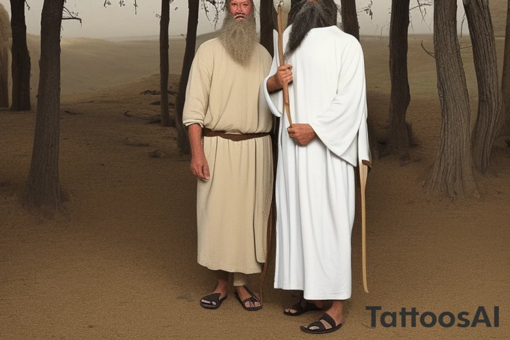 Main idea: A tall, thin man walking towards his left.

The man: The man is dressed in simple clothes like a shepherd from the first century. He is wearing a long tunic, a white hat, and sandals. His hair is long and flowing, and his beard is short and scraggly. The man will be carrying a staff or a shepherd's crook.

Background: The background is plain, with no fillings. The man is outlined in black, and his clothes are shaded in grayscale.

The lack of background allows the viewer to focus on the man, and his journey. tattoo idea