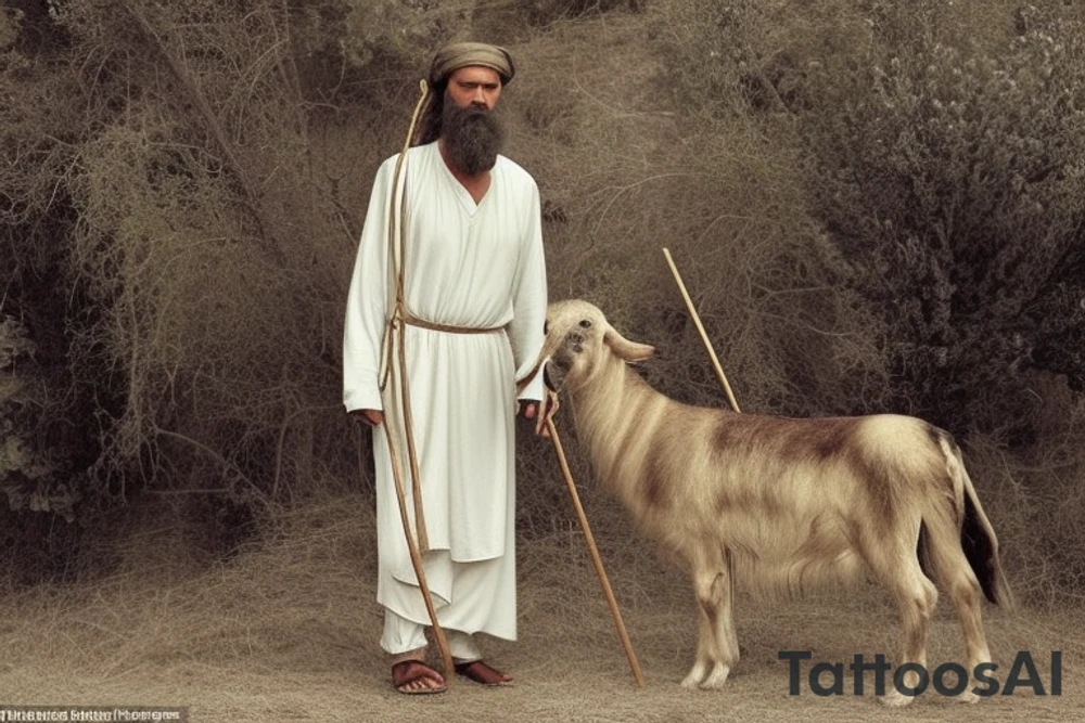 Main idea: A tall, thin man walking towards his left.

The man: The man is dressed in simple clothes like a shepherd from the first century. He is wearing a long tunic, a white hat, and sandals. His hair is long and flowing, and his beard is short and scraggly. The man will be carrying a staff or a shepherd's crook.

Background: The background is plain, with no fillings. The man is outlined in black, and his clothes are shaded in grayscale.

The lack of background allows the viewer to focus on the man, and his journey. tattoo idea