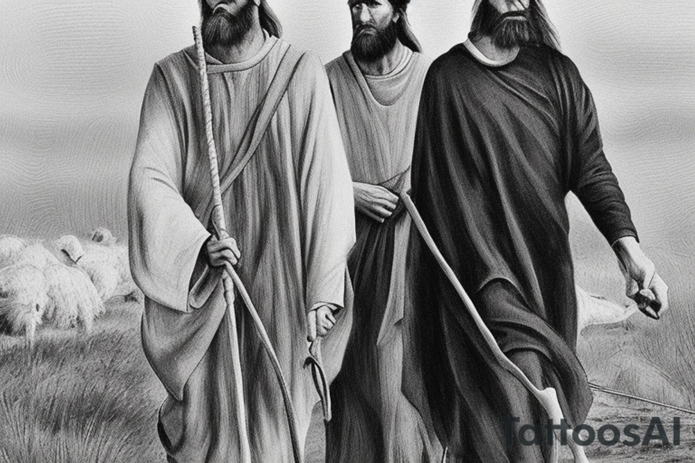 Main idea: A tall, thin man walking towards his left.

The man: The man is dressed in simple clothes like a shepherd from the first century. He is wearing a long tunic, a white hat, and sandals. His hair is long and flowing, and his beard is short and scraggly. The man will be carrying a staff or a shepherd's crook.

Background: The background is plain, with no fillings. The man is outlined in black, and his clothes are shaded in grayscale.

The lack of background allows the viewer to focus on the man, and his journey. tattoo idea