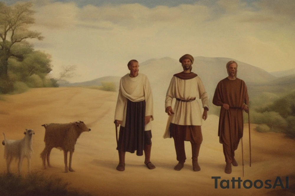 Main idea: A tall, thin man walking towards his left. Just one man

The man: The man is dressed in simple clothes like a shepherd from the first century. He is wearing a long tunic, a white hat, and sandals. The man will be carrying a staff or a shepherd's crook.

Background: The background is plain, with no fillings. The man is outlined in black, and his clothes are shaded in grayscale.

TYPE: no fillings, just the outlines in black with the shape of the man and his cloths tattoo idea