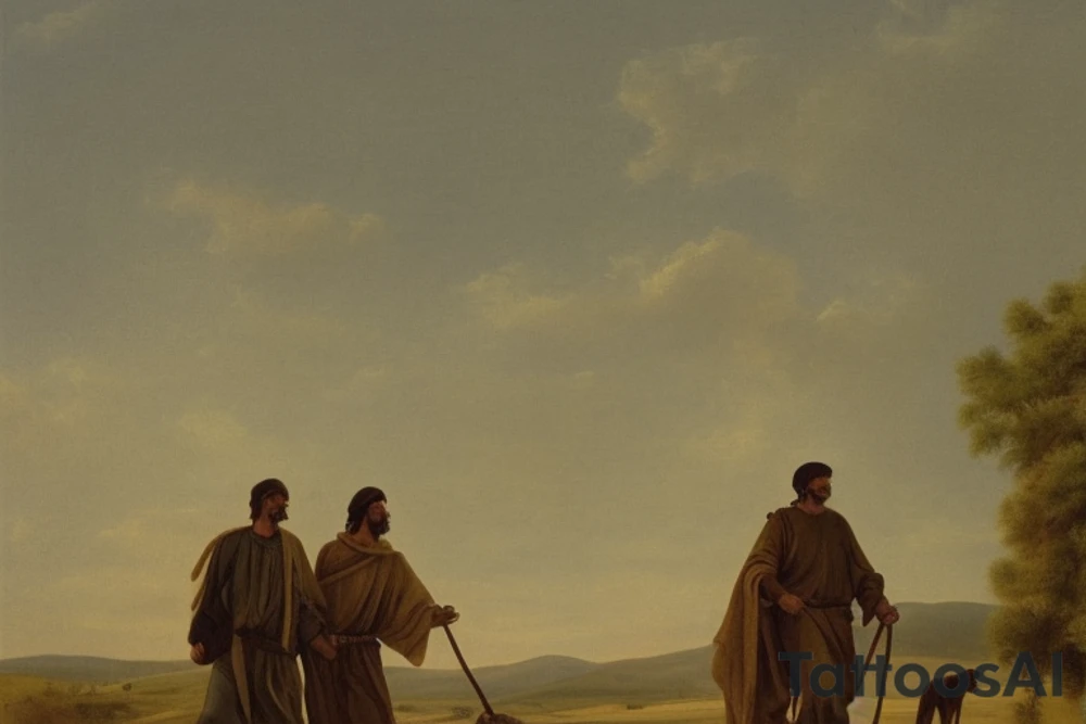 Main idea: A tall, thin man walking towards his left. Just one man

The man: The man is dressed in simple clothes like a shepherd from the first century. He is wearing a long tunic, a white hat, and sandals. The man will be carrying a staff or a shepherd's crook.

Background: The background is plain, with no fillings. The man is outlined in black, and his clothes are shaded in grayscale.

TYPE: no fillings, just the outlines in black with the shape of the man and his cloths tattoo idea