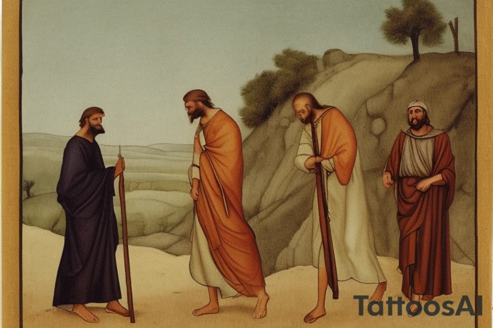Main idea: A tall, thin man walking towards his left. Just one man

The man: The man is dressed in simple clothes like a shepherd from the first century. He is wearing a long tunic, a white hat, and sandals. The man will be carrying a staff or a shepherd's crook.

Background: The background is plain, with no fillings. The man is outlined in black, and his clothes are shaded in grayscale.

TYPE: no fillings, just the outlines in black with the shape of the man and his cloths tattoo idea
