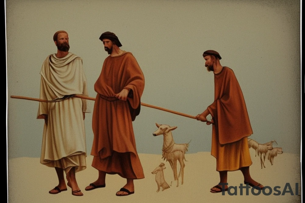Main idea: A tall, thin man walking towards his left. Just one man

The man: The man is dressed in simple clothes like a shepherd from the first century. He is wearing a long tunic, a white hat, and sandals. The man will be carrying a staff or a shepherd's crook.

Background: The background is plain, with no fillings. The man is outlined in black, and his clothes are shaded in grayscale.

TYPE: no fillings, just the outlines in black with the shape of the man and his cloths tattoo idea