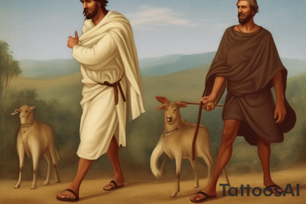 Main idea: A tall, thin man walking towards his left. Just one man

The man: The man is dressed in simple clothes like a shepherd from the first century. He is wearing a long tunic, a white hat, and sandals. The man will be carrying a staff or a shepherd's crook.

Background: The background is plain, with no fillings. The man is outlined in black, and his clothes are shaded in grayscale.

TYPE: no fillings, just the outlines in black with the shape of the man and his cloths tattoo idea