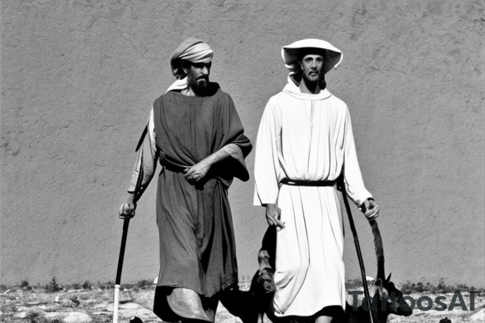 Main idea: A tall, thin man walking towards his left. Just one man

The man: The man is dressed in simple clothes like a shepherd from the first century. He is wearing a long tunic, a white hat, and sandals. The man will be carrying a staff or a shepherd's crook.

Background: The background is plain, with no fillings. The man is outlined in black, and his clothes are shaded in grayscale.

TYPE: no fillings, just the outlines in black with the shape of the man and his cloths tattoo idea