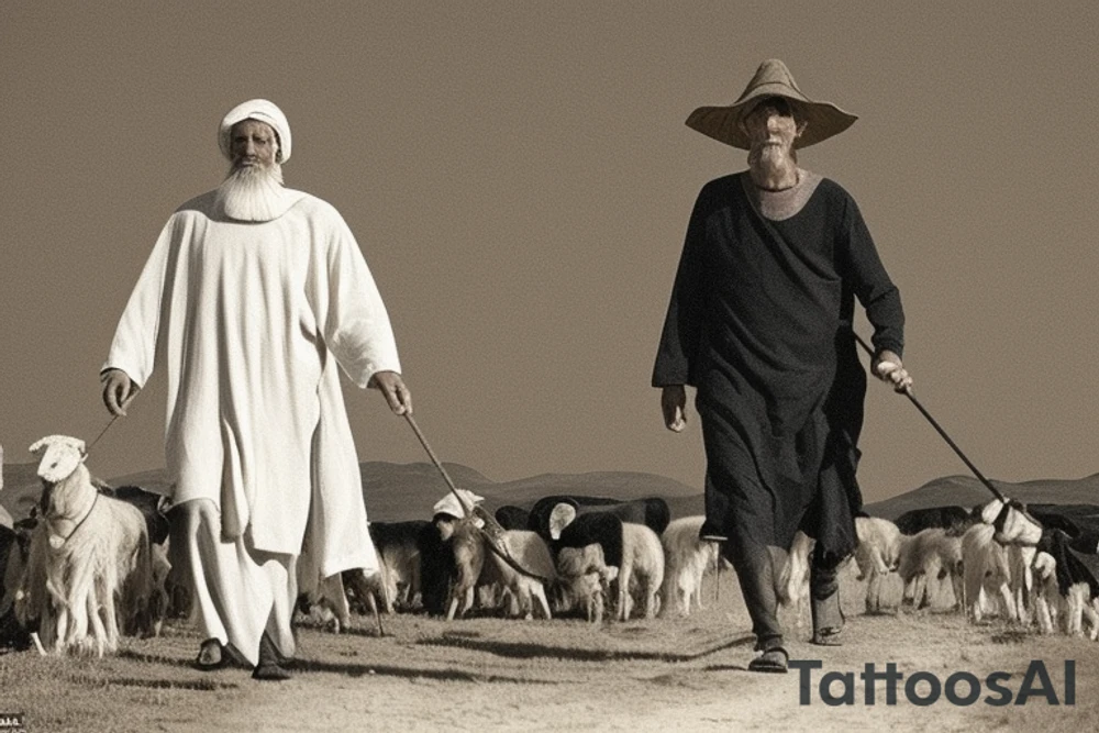 Main idea: A tall, thin man walking towards his left. Just one man

The man: The man is dressed in simple clothes like a shepherd from the first century. He is wearing a long tunic, a white hat, and sandals. The man will be carrying a staff or a shepherd's crook.

Background: The background is plain, with no fillings. The man is outlined in black, and his clothes are shaded in grayscale.

TYPE: no fillings, just the outlines in black with the shape of the man and his cloths tattoo idea