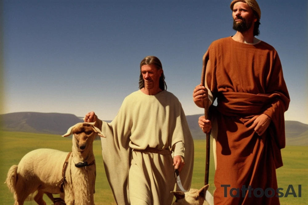 Main idea: A tall, thin man walking towards his left. Just one man

The man: The man is dressed in simple clothes like a shepherd from the first century. He is wearing a long tunic, a white hat, and sandals. The man will be carrying a staff or a shepherd's crook.

Background: The background is plain, with no fillings. The man is outlined in black, and his clothes are shaded in grayscale.

TYPE: no fillings, just the outlines in black with the shape of the man and his cloths tattoo idea