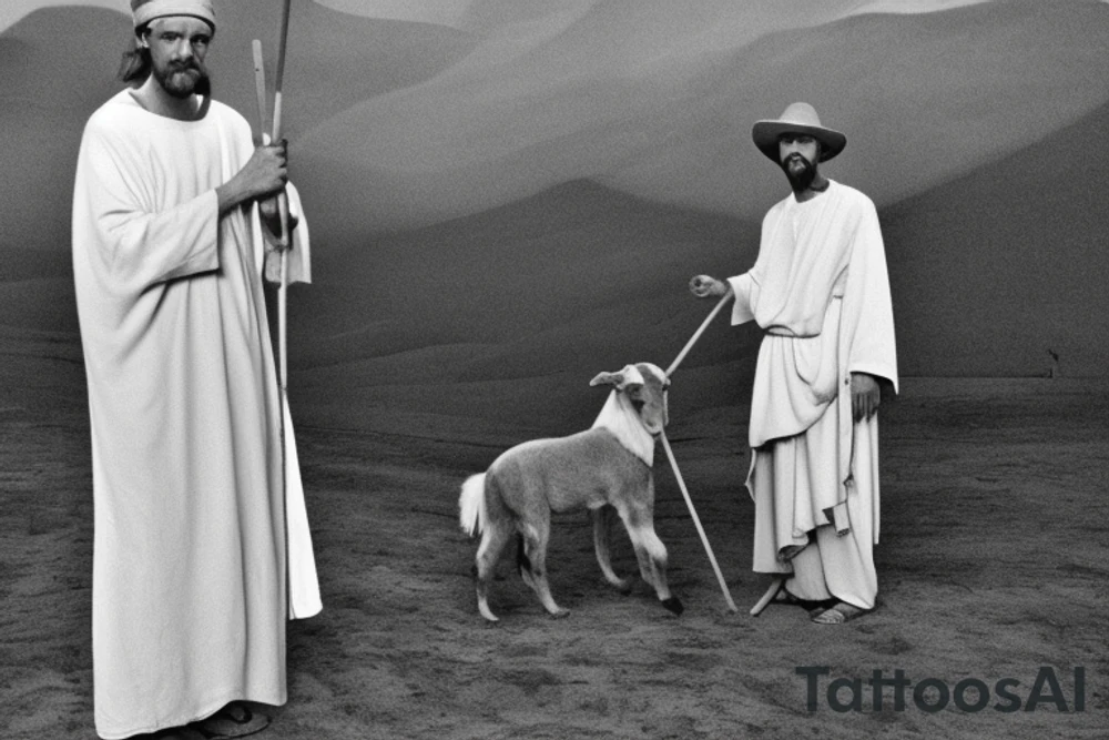 Main idea: A tall, thin man walking towards his left. Just one man

The man: The man is dressed in simple clothes like a shepherd from the first century. He is wearing a long tunic, a white hat, and sandals. The man will be carrying a staff or a shepherd's crook.

Background: The background is plain, with no fillings. The man is outlined in black, and his clothes are shaded in grayscale.

TYPE: drawning, no fillings, just the outlines in black with the shape of the man and his cloths tattoo idea