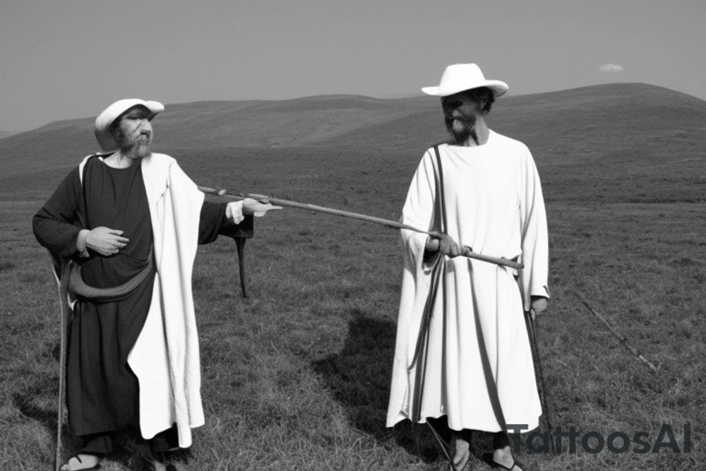 Main idea: A tall, thin man walking towards his left. Just one man

The man: The man is dressed in simple clothes like a shepherd from the first century. He is wearing a long tunic, a white hat, and sandals. The man will be carrying a staff or a shepherd's crook.

Background: The background is plain, with no fillings. The man is outlined in black, and his clothes are shaded in grayscale.

TYPE: drawning, no fillings, just the outlines in black with the shape of the man and his cloths tattoo idea