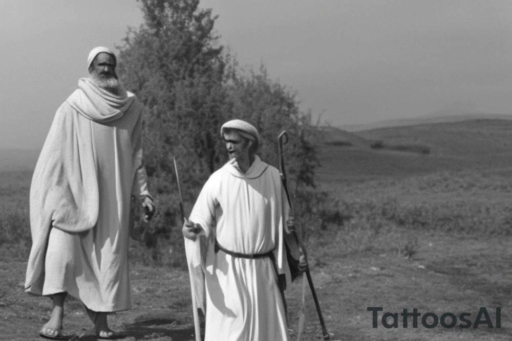 Main idea: A tall, thin man walking towards his left. Just one man

The man: The man is dressed in simple clothes like a shepherd from the first century. He is wearing a long tunic, a white hat, and sandals. The man will be carrying a staff or a shepherd's crook.

Background: The background is plain, with no fillings. The man is outlined in black, and his clothes are shaded in grayscale.

TYPE: drawing, no fillings, just the outlines in black with the shape of the man and his cloths tattoo idea