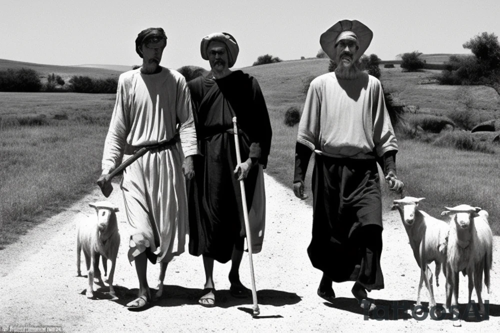 Main idea: A tall, thin man walking towards his left. Just one man

The man: The man is dressed in simple clothes like a shepherd from the first century. He is wearing a long tunic, a white hat, and sandals. The man will be carrying a staff or a shepherd's crook.

Background: The background is plain, with no fillings. The man is outlined in black, and his clothes are shaded in grayscale.

TYPE: drawing, no fillings, just the outlines in black with the shape of the man and his cloths tattoo idea