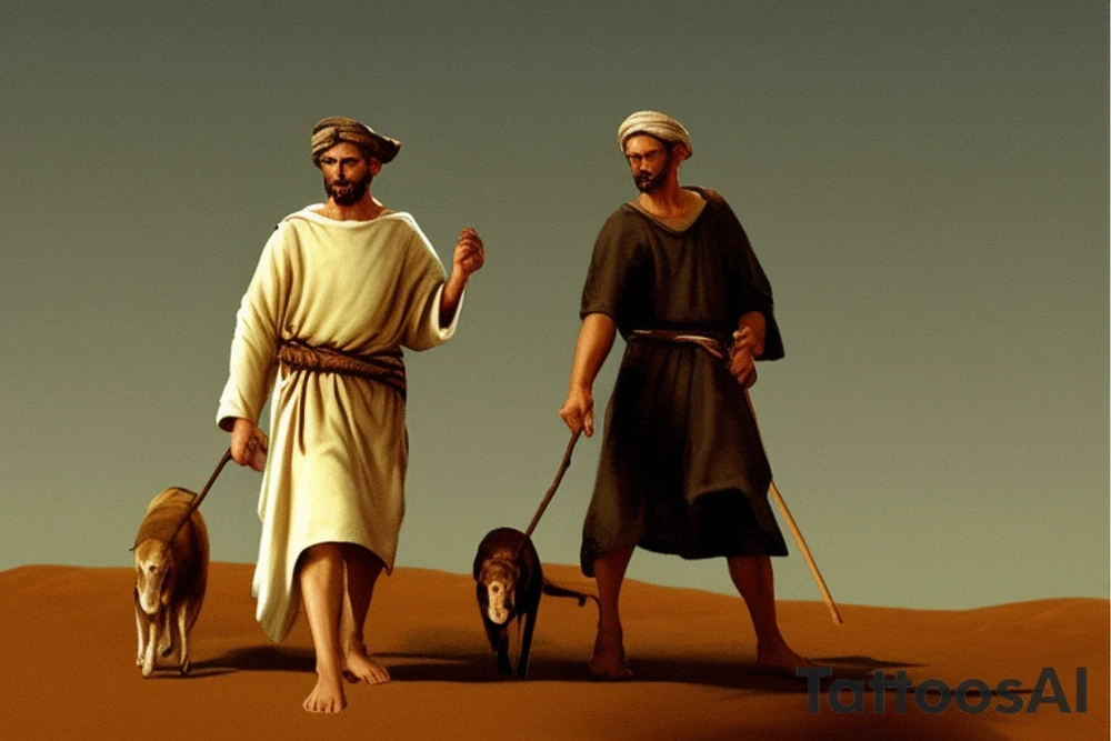 Main idea: A tall, thin man walking towards his left. Just one man

The man: The man is dressed in simple clothes like a shepherd from the first century. He is wearing a long tunic, a white hat, and sandals. The man will be carrying a staff or a shepherd's crook.

Background: The background is plain, with no fillings. The man is outlined in black, and his clothes are shaded in grayscale.

TYPE: drawing, no fillings, just the outlines in black with the shape of the man and his cloths tattoo idea