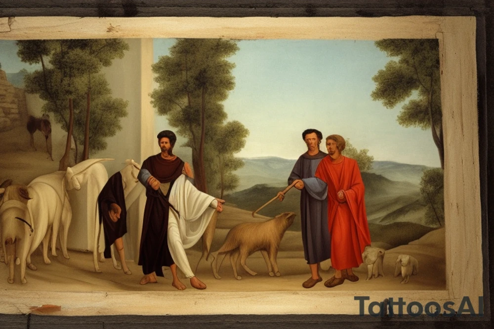 Main idea: A tall, thin man walking towards his left. Just one man

The man: The man is dressed in simple clothes like a shepherd from the first century. He is wearing a long tunic, a white hat, and sandals. The man will be carrying a staff or a shepherd's crook.

Background: The background is plain, with no fillings. The man is outlined in black, and his clothes are shaded in grayscale.

TYPE: drawing, no fillings, just the outlines in black with the shape of the man and his cloths tattoo idea
