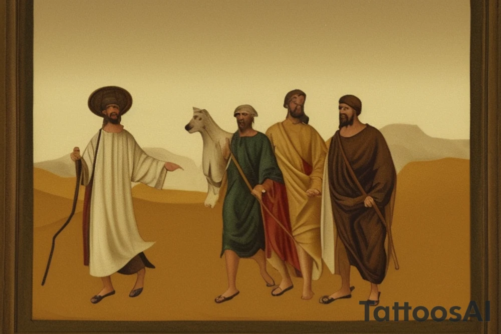 Main idea: A tall, thin man walking towards his left. Just one man

The man: The man is dressed in simple clothes like a shepherd from the first century. He is wearing a long tunic, a white hat, and sandals. The man will be carrying a staff or a shepherd's crook.

Background: The background is plain, with no fillings. The man is outlined in black, and his clothes are shaded in grayscale.

TYPE: drawing, no fillings, just the outlines in black with the shape of the man and his cloths tattoo idea