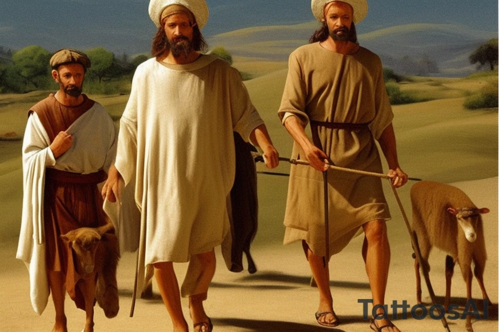 Main idea: A tall, thin man walking towards his left. Just one man

The man: The man is dressed in simple clothes like a shepherd from the first century. He is wearing a long tunic, a white hat, and sandals. The man will be carrying a staff or a shepherd's crook.

Background: The background is plain, with no fillings. The man is outlined in black, and his clothes are shaded in grayscale.

TYPE: drawing, no fillings, just the outlines in black with the shape of the man and his cloths tattoo idea