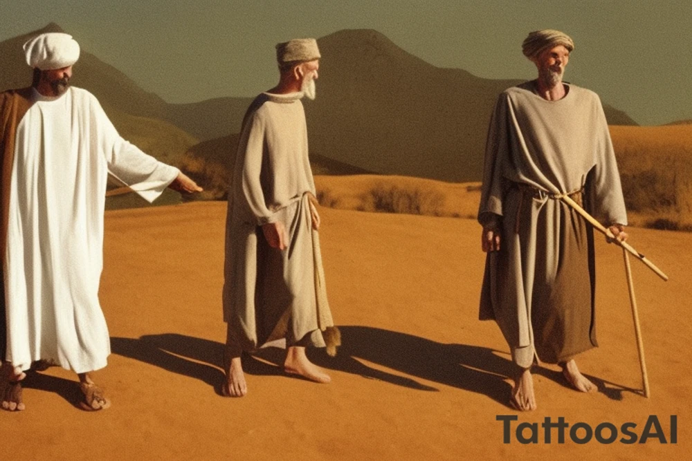 Main idea: A tall, thin man walking towards his left. Just one man

The man: The man is dressed in simple clothes like a shepherd from the first century. He is wearing a long tunic, a white hat, and sandals. The man will be carrying a staff or a shepherd's crook.

Background: The background is plain, with no fillings. The man is outlined in black, and his clothes are shaded in grayscale.

TYPE: drawing, no fillings, just the outlines in black with the shape of the man and his cloths tattoo idea