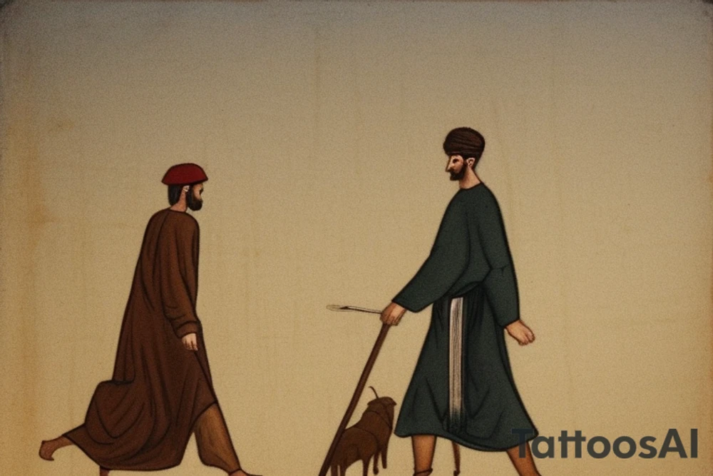 Main idea: A tall, thin man walking towards his left. Just one man

The man: The man is dressed in simple clothes like a shepherd from the first century. He is wearing a long tunic, a white hat, and sandals. The man will be carrying a staff or a shepherd's crook.

Background: The background is plain, with no fillings. The man is outlined in black, and his clothes are shaded in grayscale.

TATTOO STYLE: drawing, no fillings, just the outlines in black with the shape of the man and his cloths tattoo idea