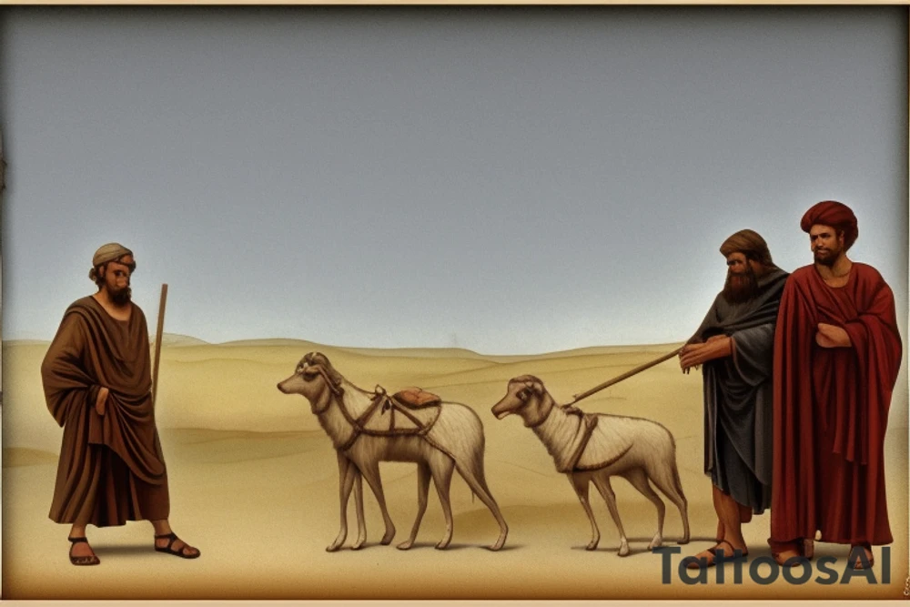 Main idea: A tall, thin man walking towards his left. Just one man

The man: The man is dressed in simple clothes like a shepherd from the first century. He is wearing a long tunic, a white hat, and sandals. The man will be carrying a staff or a shepherd's crook.

Background: The background is plain, with no fillings. The man is outlined in black, and his clothes are shaded in grayscale.

TATTOO STYLE: drawing, no fillings, just the outlines in black with the shape of the man and his cloths tattoo idea