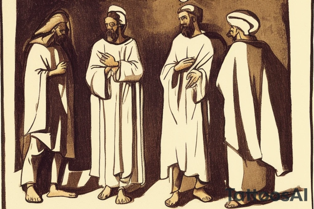 Main idea: A tall, thin man walking towards his left. Just one man

The man: The man is dressed in simple clothes like a shepherd from the first century. He is wearing a long tunic, a white hat, and sandals. The man will be carrying a staff or a shepherd's crook.

Background: The background is plain, with no fillings. The man is outlined in black, and his clothes are shaded in grayscale.

TATTOO STYLE: drawing, no fillings, just the outlines in black with the shape of the man and his cloths tattoo idea
