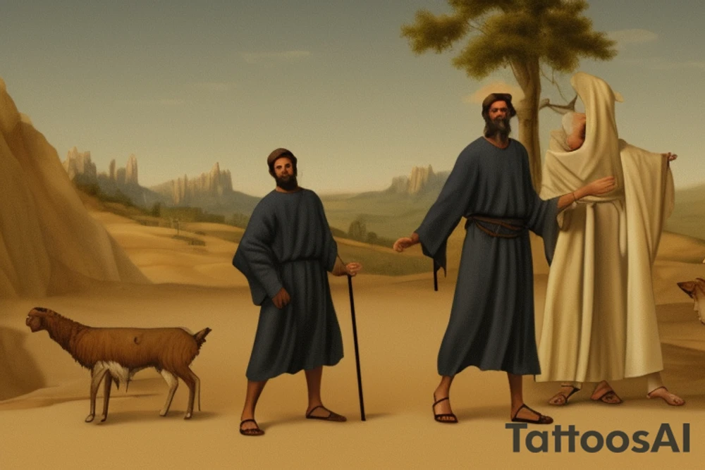 Main idea: A tall, thin man walking towards his left. Just one man

The man: The man is dressed in simple clothes like a shepherd from the first century. He is wearing a long tunic, a white hat, and sandals. The man will be carrying a staff or a shepherd's crook.

Background: The background is plain, with no fillings. The man is outlined in black, and his clothes are shaded in grayscale.

TATTOO STYLE: drawing, no fillings, just the outlines in black with the shape of the man and his cloths tattoo idea