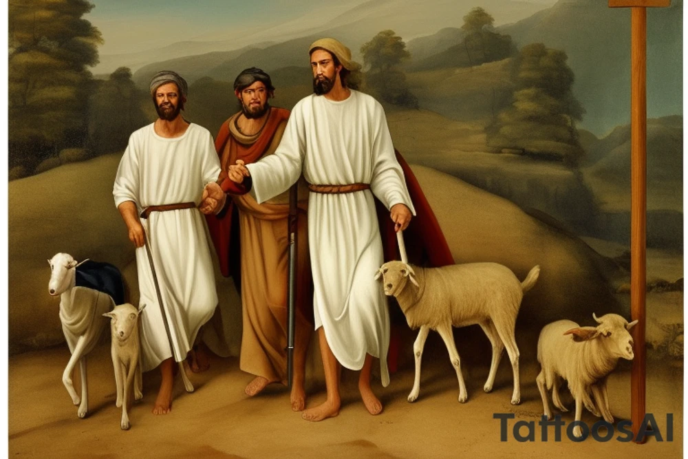 Main idea: A tall, thin man walking towards his left. Just one man

The man: The man is dressed in simple clothes like a shepherd from the first century. He is wearing a long tunic, a white hat, and sandals. The man will be carrying a staff or a shepherd's crook.

Background: The background is plain, with no fillings. The man is outlined in black, and his clothes are shaded in grayscale.

TATTOO STYLE: drawing, no fillings, just the outlines in black with the shape of the man and his cloths tattoo idea