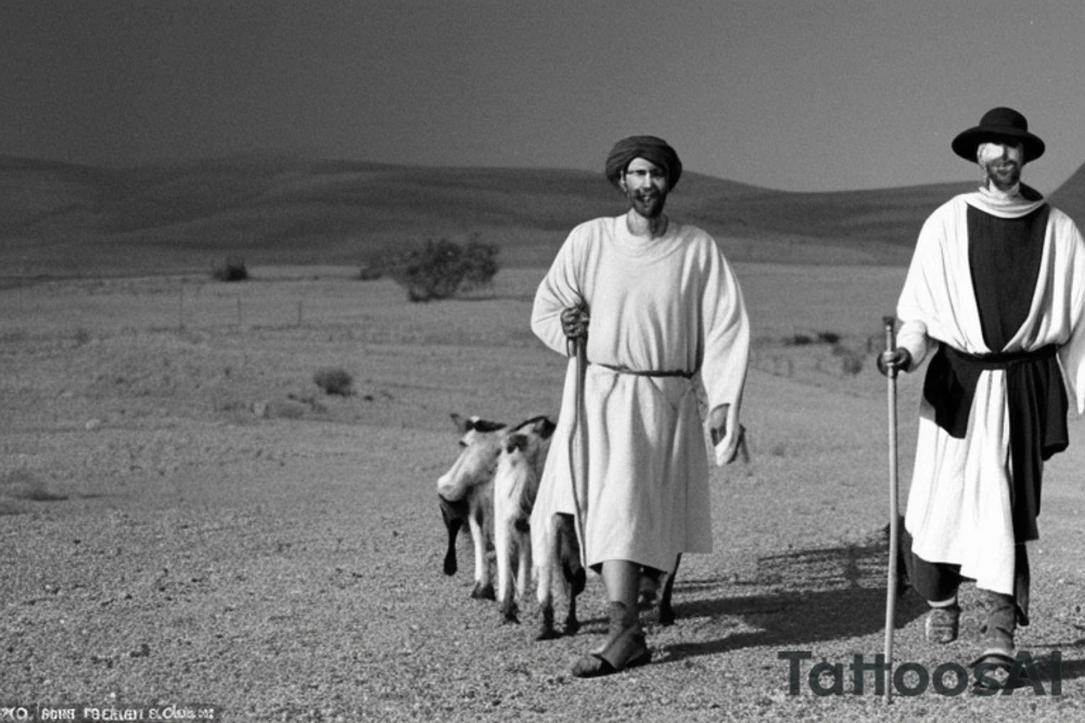 Main idea: A tall, thin man walking towards his left. Just one man

The man: The man is dressed in simple clothes like a shepherd from the first century. He is wearing a long tunic, a white hat, and sandals. The man will be carrying a staff or a shepherd's crook.

Background: The background is plain, with no fillings. The man is outlined in black, and his clothes are shaded in grayscale.

TATTOO STYLE: drawing, no fillings, just the outlines in black with the shape of the man and his cloths tattoo idea